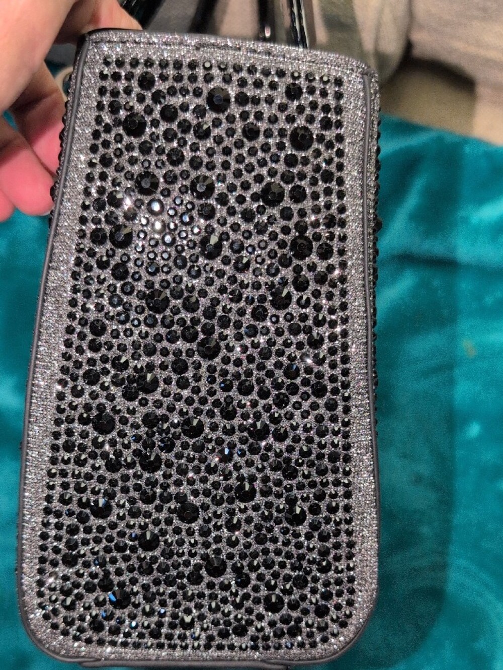 Crystal-Embellished Black Patent Mini Tote  With Crossbody Strap - Picture 4 of 16
